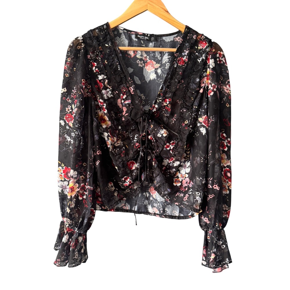 Nasty Gal‎ Shirt Women 10 Black Floral Lace Up Sheer Cottage WhimsigothRomantic
